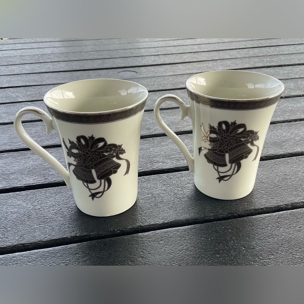Vintage Mikasa “Happy Bells” Silver & Black Christmas Two Cups Fine China L3274